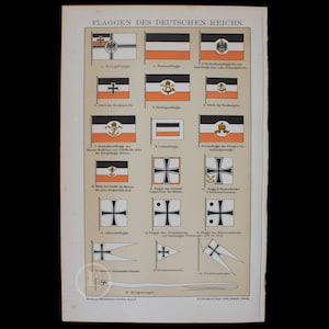 1898 GERMAN EMPIRE FLAGS  - Rare chromolithograph plate from Brockhaus&#39; Conversations-Lexikon