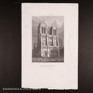 May include: A black and white engraving of the Notre Dame Cathedral in Paris, France. The image shows the front facade of the cathedral, with its two towers, rose window, and intricate details.