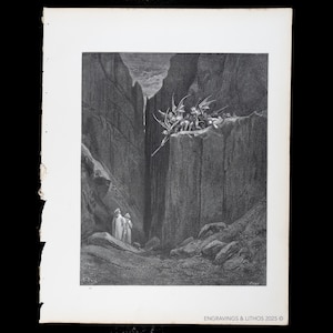 May include: Black and white illustration depicting a dramatic scene with figures in cloaks at the bottom of a chasm, and winged creatures above. The artwork is a detailed engraving, with the text "ENGRAVINGS & LITHOS 2025 ©" at the bottom.