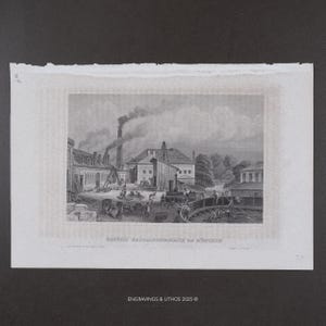 May include: A black and white historical engraving depicting a factory scene with industrial buildings, a tall smokestack emitting smoke, and workers in an outdoor yard. The text below the image reads "BASTERS MASCHINENFABRIK bei MÜNCHEN".