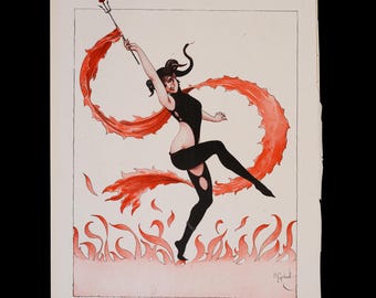 1917 Diabelska kobieta tańcząca w płomieniach – Henry Gerbault – Wnętrze JEDNOSTRONICOWE Oryginalne wydruki La Vie Parisienne
