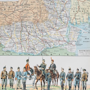 Romania Army, Flag and Map from &quot;Le Noveau Larousse Illustré Edition &quot;