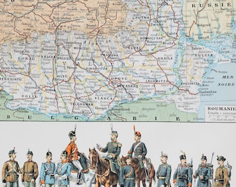 Romania Army, Flag and Map from "Le Noveau Larousse Illustré Edition "