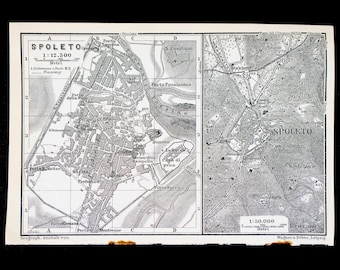 1893  Map of SPOLETO, Town in UMBRIA, Central ITALY - Authentic Lithograph Map, Leipzig for "Italie, Manuel du Voyageur" by Karl Baedeker