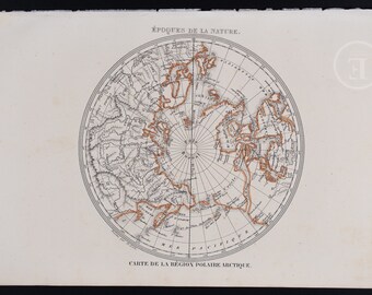 Seasons of Nature - Map of the Arctic Polar Region / Authentic Steel engraving and hand-colored Ouvres de Buffon par M.A. Richard 1852.