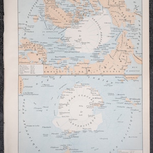 Nordpol Karte und Südpol Karte aus der ""Le Noveau Larousse Illustré Edition"" - Originalseite."
