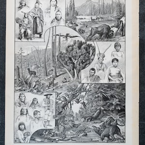 Ureinwohner: Eskimos, Karibik, Peruaner / Landkarte von Amerika aus "Le Noveau Larousse Illustré Edition" - doppelseitiger Druck