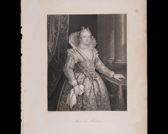 1850  MARIA de MEDICI  - Original Antique Steel Engraving from The Royal Dresden Gallery
