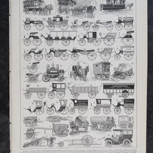 Samochody: Diligence, karawan, kabina, wózek, przyczepa, samochód z „Le Noveau Larousse Illustré Edition” – strona oryginalna