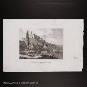May include: A black and white engraving of a castle and surrounding landscape. The castle is perched on a hill overlooking a river. There are people in the foreground, some are wading in the river and others are in a boat.