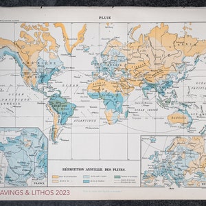 Distribuzione annuale delle precipitazioni: mappa del mondo, Francia ed Europa da "Le Noveau Larousse Illustré Edition" - Pagina originale.