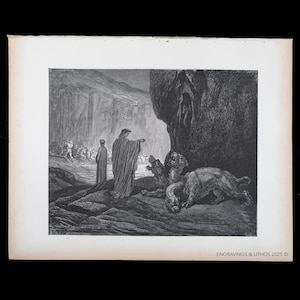 May include: A black and white illustration depicting a scene with figures in long robes, possibly from a historical or literary context. The artwork features detailed shading and a dramatic composition, with a large rock formation and figures in the background.