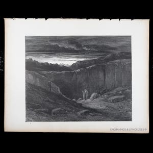 May include: A black and white landscape print featuring a deep canyon with figures standing at the bottom. The sky is dark and dramatic, with mountains in the background. The print is on aged paper, with the text "ENGRAVINGS & LITHOS 2025 ©" at the bottom.
