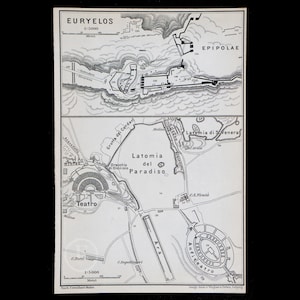 1893  Map of EURYALOS FORTRESS, Syracuse, Sicily, ITALY- Authentic Lithograph Map, Leipzig for &quot;Italie, Manuel du Voyageur&quot; by Karl Baedeker