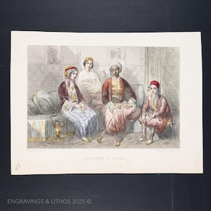 1863 Adana Costumes – Ottoman Interior Scene, 19th Century / Hand colored engraving, rare original plate!