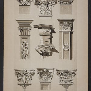 May include: An architectural print featuring detailed illustrations of various pilaster capitals in the Renaissance style. The print showcases different designs with intricate carvings and decorative elements, rendered in black and white.