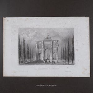 May include: A black and white engraving depicting the Siegestor in Munich, featuring a triumphal arch with a chariot sculpture on top, surrounded by tall trees and figures on a path. The text "Das SIEGESTOR in MÜNCHEN" is printed below the image.