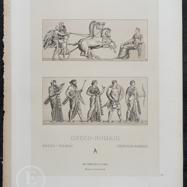 Greco-Roman Quadriga, Muses and Sculptures by Racinet - EXQUISITE PRINT Original Color Lithograph 1888 . Big Size (crown folio 15.75x11.25)
