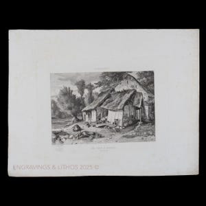 May include: Black and white etching of a rural scene featuring a thatched-roof cottage and surrounding landscape. The print includes the text "LA PETITE FERME" and "ENGRAVINGS & LITHOS 2025 ©".