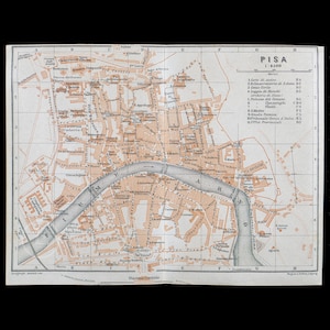 1893  Map of the City of PISA, TUSCANY, ITALY - Authentic Lithograph Map, Leipzig for &quot;Italie, Manuel du Voyageur&quot; by Karl Baedeker