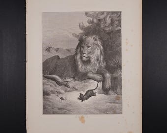 1868 The Lion and the rat - Original engraving from &quot;Fables de La Fontaine&quot; - Buy 2 get 1 free from this book!