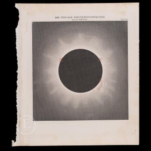 1872 TOTAL SOLAR ECLIPSE on July 28, 1851, is a rare original plate from an Astronomy Atlas book / Stunning!