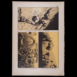 Lunar landscape around Tycho crater at sunset - Exquisite Plate - VERY RARE ORIGINAL from a German astronomy book from 1888