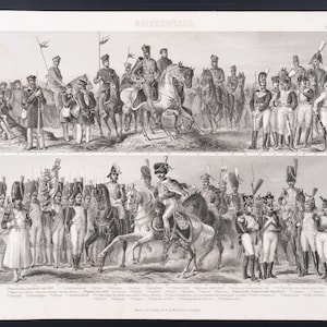 Prussian Militiamen from 1813. French Troops under Napoleon I  - Exquisite Cooper engraving print from 1870 -  13.75 x 10.5 in, Very rare!