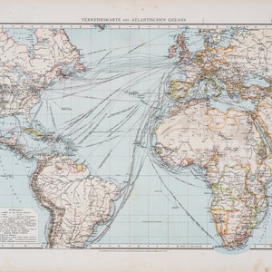 Mapa del tráfico en el océano Atlántico / Mapa a color / Original / Atlas Mundial Alemán 1896 / Grande / 57 x 44 cm