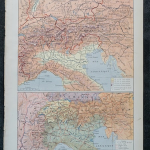 Carte des montagnes des Alpes de 1897 et carte des Alpes françaises de « Le Noveau Larousse Illustré Edition » - Impression recto-verso
