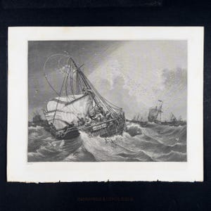 May include: A monochrome nautical print showing a ship battling a storm at sea. The vessel is listing, with people on board, surrounded by large waves and birds. Other ships are in the distance. The print is framed with the text "ENGRAVINGS & LITHOS 2025 ©".
