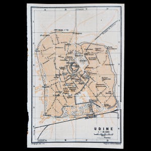UDINE, Stadtplan von UDINE, in Friaul Julisch Venetien, ITALIEN - Authentische Lithographie-Karte, Leipzig für 'Italie, Manuel du Voyageur' von Karl Baedeker