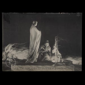 May include: A black and white illustration depicting two figures in a dark, smoky landscape. The figure on the left is cloaked in a long, flowing robe. The figure on the right is seated and appears to be holding a staff. The text "SE'TV GIA' COSTI RITTO - BONIFAZIO" is written at the bottom of the image.