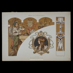 Puede incluir: Una impresión antigua titulada "Allegorie der Goldschmiedekunst" que presenta a un orfebre trabajando, un retrato de una mujer y elementos decorativos. La impresión tiene una combinación de colores dorados y marrones con toques de rojo, verde y azul.