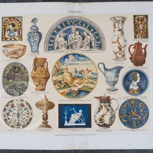 Ceramic ancient pottery - Original color lithography from Meyers Lexikon 1897 - English Version