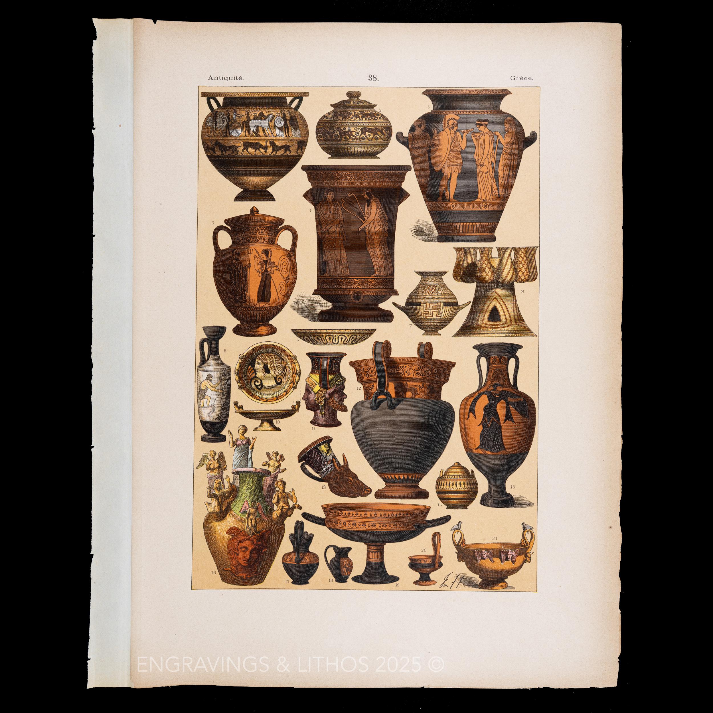 1890 GREEK ANTIQUE BOWLS – "Costume, Weapons, Utensils, and Household Objects" by Frédéric Hottenroth - Original Litho!