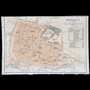 1893  Map of BRESCIA, City in LOMBARDY, Northern ITALY - Authentic Lithograph Map, Leipzig for &quot;Italie, Manuel du Voyageur&quot; by Karl Baedeker
