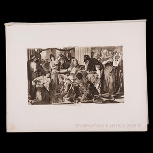 May include: A black and white print depicting a classical scene with numerous figures. A central figure, possibly a king, is seated and surrounded by others. The print is on a white background and includes the text "ENGRAVINGS & LITHOS 2025".