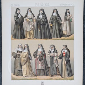 French Nuns Costumes by A.Racinet - EXQUISITE PRINT Color Lithograph 1888