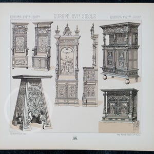 Europäische antike Möbel und Verzierungen aus dem 16.Jh. von A. Racinet - EXQUISITE PRINT Farb Lithographie 1888