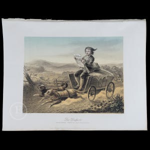 1855 Dziecko czytające gazetę „The Village Post” – ręcznie kolorowana stalorytnika autorstwa Alberta Henry’ego Payne’a „Payne’s Universum”