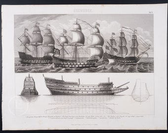 Ships and construction of the same from 17th Century   - Exquisite Cooper engraving print from 1870 -  13.75 x 10.5 in, Very rare!