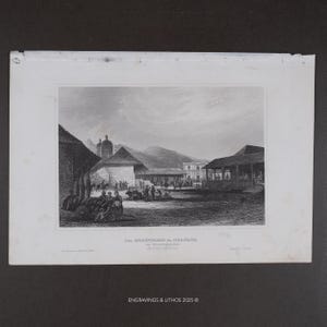 May include: A black and white engraving titled Der Marktplatz zu Granada in Nicaragua, Mittel-Amerika. The scene depicts a town square with buildings, people, and animals under a cloudy sky. The print is on white paper with a wide border.