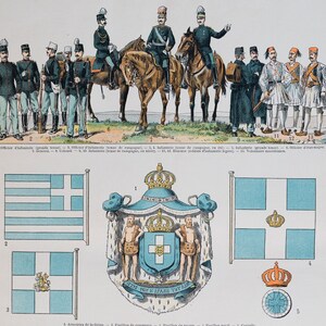 Armée, drapeau et carte de la Grèce de « Le Noveau Larousse Illustré Edition » - PLAQUE DOUBLE CTÉ