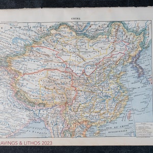 China, Landkarte/Kostüme, Tiere, Menschen von "Le Noveau Larousse Illustré Edition" - doppelseitiger Druck