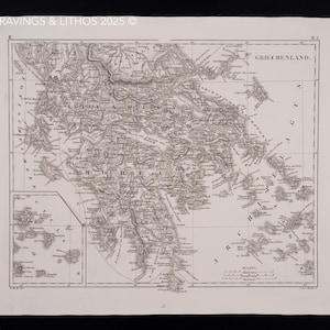 1849 KARTE von GRIECHENLAND – Antiker Gravur – Originaler deutscher Enzyklopädie Druck, Meerestiere, viktorianisches Dekor - Selten!