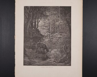 1868 The Stag Viewing Himself in the Stream - Original engraving from &quot;Fables de La Fontaine&quot;  - Buy 2 get 1 free from this book!