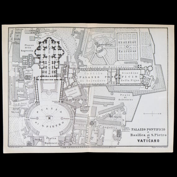 Ｔｈｅ Ｖａｔｉｃａｎ （高品質カラー印刷） 1893 Vatican Lithograph Map: Pontifical Palace & St Peter's