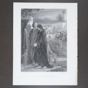 May include: Black and white engraving depicting a biblical scene. Two figures stand near a doorway, one gesturing towards a crowd in the background. The engraving is titled "ST JOHN AND THE VIRGIN MOTHER".