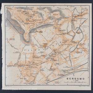 1893 Map of BERGAMO, City in ITALY - Authentic Lithograph Map, Leipzig for &quot;Italie, Manuel du Voyageur&quot; by Karl Baedeker